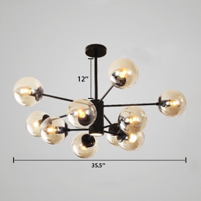 Multi Light Globe Hanging Lamp Designers Style Cognac Glass LED Chandelier in Black