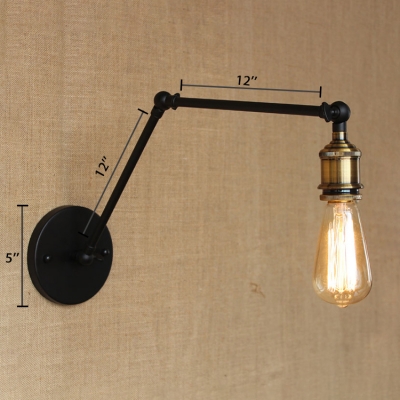 Open Bulb Wall Lighting with Adjustable Arm Retro Style Metallic Single Head Wall Lamp in Brass