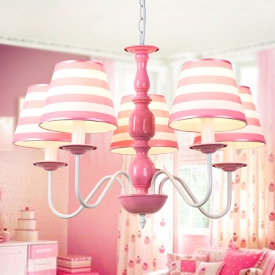 Pink Strips Design Ceiling Pendant Light American Retro Fabric 3/5 Lights Chandelier for Girls Room