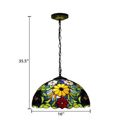 Tiffany Style 2-Light Pendant Light with 16-Inch Wide Floral Dome Glass Shade in Multicolored Finish