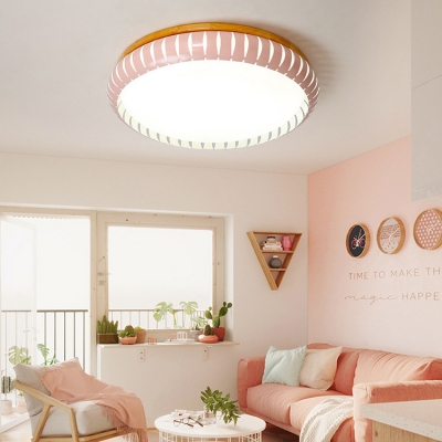 Wooden Base Round Flush Light Nordic Style Living Room Bedroom LED Ceiling Light in Green/Pink