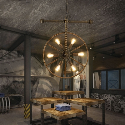 Wrought Iron Wheel Shaped Chandelier Nautical Industrial Style 5 Light Hanging Pendant for Restaurant Farmhouse