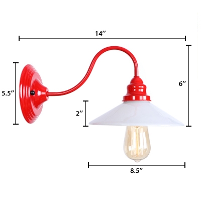 1 Bulb Curved Arm Wall Light Loft Style White Glass Wall Mount Fixture in Red Finish for Hallway