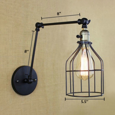 Bronze Finish Wire Guard Wall Sconce Simple Metallic Single Head Wall Light with Swing Arm