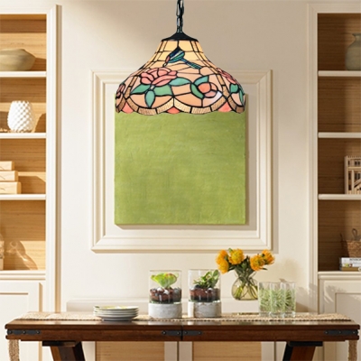 Classic Art Tiffany Pendant Light Hummingbirds and Floral Glass Shade in Multicolored Finish, 12