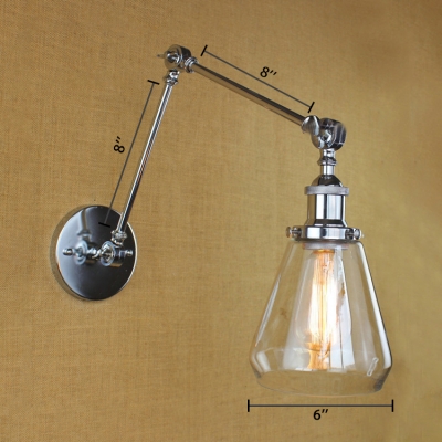 Cone Shade Wall Mount Light Industrial Glass Shade 1 Head Wall Sconce in Chrome with Adjustable Arm