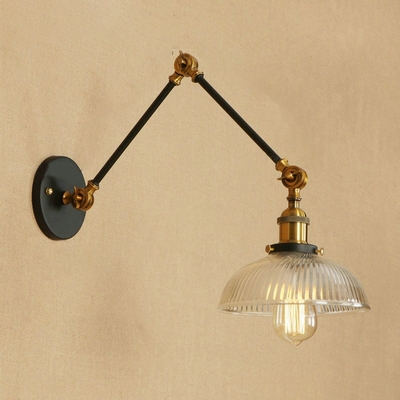 Dome Wall Sconce with Swing Arm Industrial Ribbed Glass 1 Light Wall Lighting with Black Metal Base