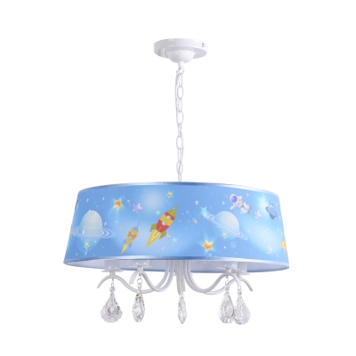 Drum 3/5 Lights Chandelier with Crystal Astronomy&Space White Finish Metal Hanging Lamp for Boys Girls Room