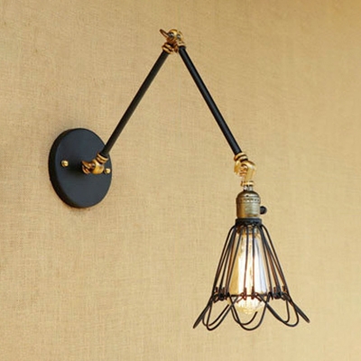 Flared Metal Caged Wall Lamp Retro Style Adjustable 1 Light Wall Sconce in Bronze for Coffee Shop
