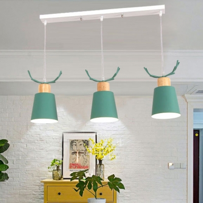 Gray/Green Conical Hanging Lamp with Antler Macaron Metal 3 Lights Lighting Fixture for Children Room