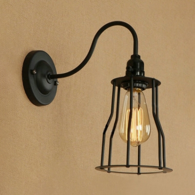 Industrial Curved Arm Wall Mount Light with Metal Cage Single Head Art Deco Sconce Light in Black