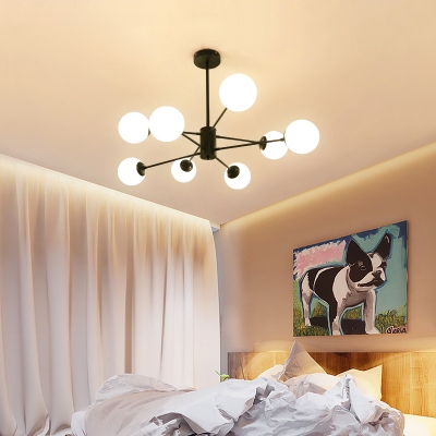 Milky Glass Ball Shade Chandelier Post Modern 8 Light Ceiling Pendant Light for Bedroom