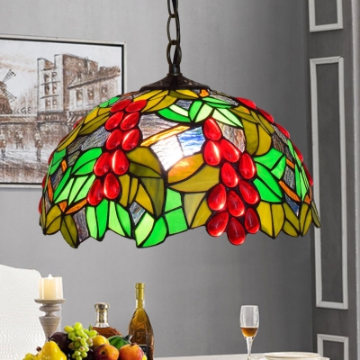 Vintage Pendant Light with Tiffany Style Fruit Glass Shade in Red & Green, Dome Shape, 12-Inch Wide