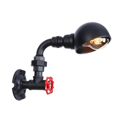 Water Pipe Wall Sconce with Semicircle Shade Industrial Iron 1 Bulb Wall Light in Black