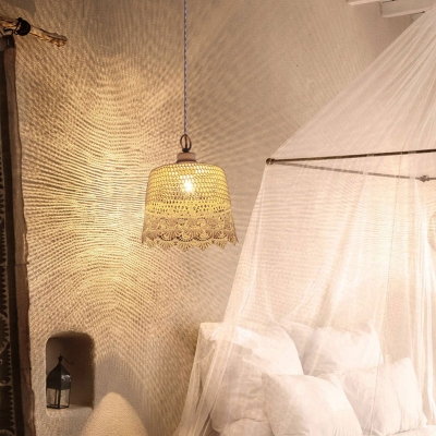 Weave Bucket Hanging Light Fixture Lodge Style Single Light Handmade Pendant Lamp in White