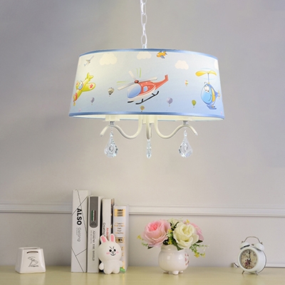 White Finish Drum Chandelier Light with Aircraft Design Crystal 3/5 Lights Hanging Lamp for Kindergarten