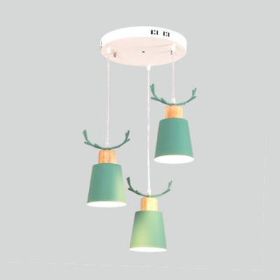 3 Lights Round Canopy Drop Light with Antler Boys Girls Room Metallic Pendant Lamp in Gray/Green