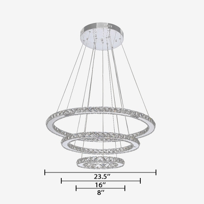 3-Tier Circular Ring Lighting Fixture Modern Crystal Hanging Light in Silver for Living Room