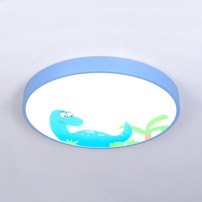 Cartoon Dinosaur Design LED Flush Light with Drum Shade Blue Metallic Ceiling Light for Kindergarten