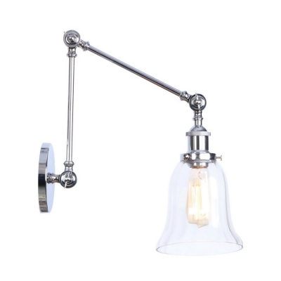 Chrome Armed Wall Lamp with Bell Shade Concise Adjustable Clear Glass 1 Head Wall Lighting