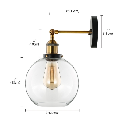 Industrial Glass Globe Wall Sconce in Antique Brass with Clear Glass for Bedside Foyer Hallway
