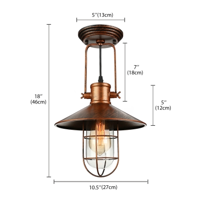 Industrial Hanging Pendant Light with Flared Shade Wire Metal Cage in Rust