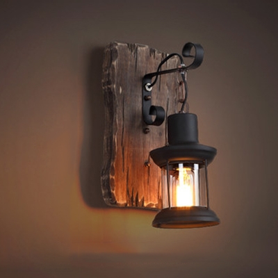 Lantern Wall Light Fixture with Rectangle Wooden Base Loft Style Single Light Sconce Light in Black