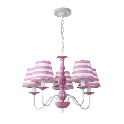 Pink Strips Design Ceiling Pendant Light American Retro Fabric 3/5 Lights Chandelier for Girls Room