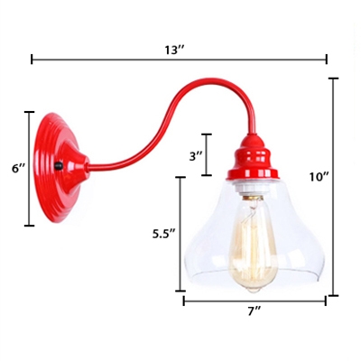 Red Finish Gooseneck Wall Lamp with Cucurbit Shade Industrial Clear Glass Single Head Wall Sconce