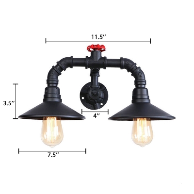 Retro Curved Arm Lighting Fixture with Flared Shade Iron 2 Heads Wall Mount Light in Black