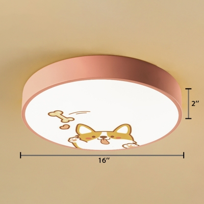 Round LED Flushmount with Cartoon Puppy Design Pink Metallic Ceiling Light for Girls Bedroom