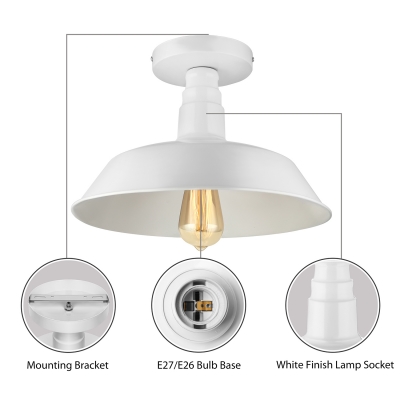Single Barn Shade Semi Flush Ceiling Light Retro Style 14'' Wide Metal Close to Ceiling Light in White
