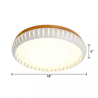 White Drum Shade Ceiling Fixture Contemporary Wooden Base LED Flush Mount Light for Hallway