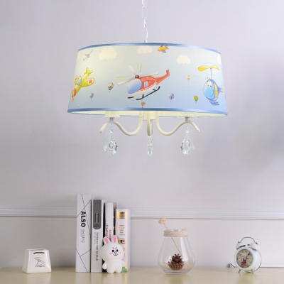 White Finish Drum Chandelier Light with Aircraft Design Crystal 3/5 Lights Hanging Lamp for Kindergarten