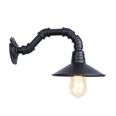 1 Bulb Water Pipe Wall Light with Shallow Round Shade Industrial Metallic Sconce Light in Black