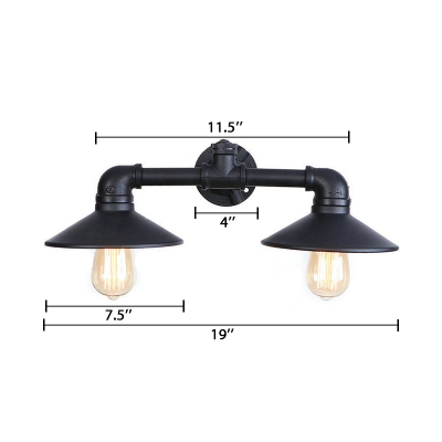 2 Heads Railroad Wall Mount Light Retro Style Wrought Iron Wall Lamp in Black for Warehouse
