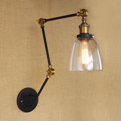 Brass Finish Swing Arm Wall Lamp with Dome Shade Industrial Transparent Glass 1 Head Wall Sconce