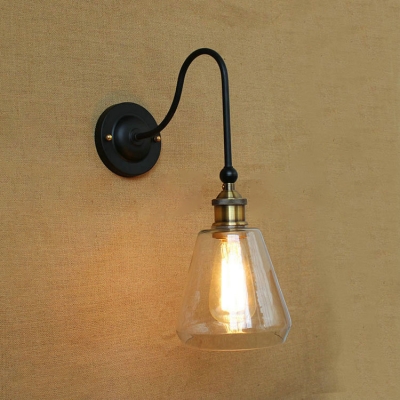 Conical Sconce Lighting Industrial Clear Glass 1 Light Lighting Fixture with Gooseneck in Aged Brass