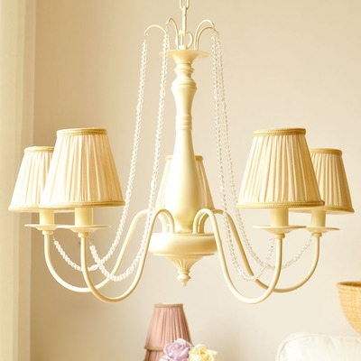 Conical Suspension Light with Gathered Fabric Lampshade Vintage 5 Lights Hanging Lamp in Beige
