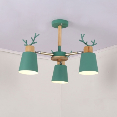 Metal Antler Design Hanging Light Nordic Style Boys Girls Bedroom 3/6 Lights Chandelier in Green