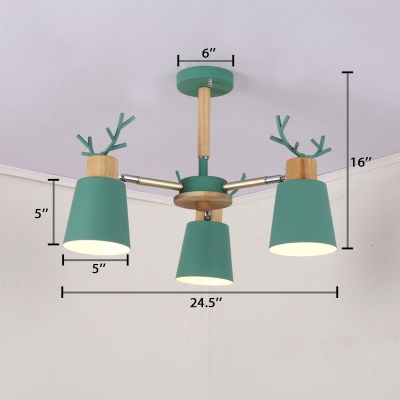 Metal Antler Design Hanging Light Nordic Style Boys Girls Bedroom 3/6 Lights Chandelier in Green