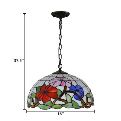 Multicolored Floral Pendant Light with Tiffany Art Glass Shade in Dome Shaped, 12