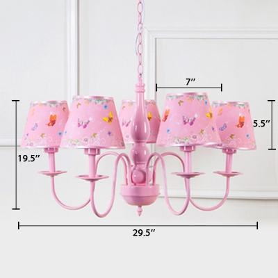Pink Shaded Suspended Light with Butterfly Pattern Lodge Style Metallic 5 Lights Chandelier for Girls Room