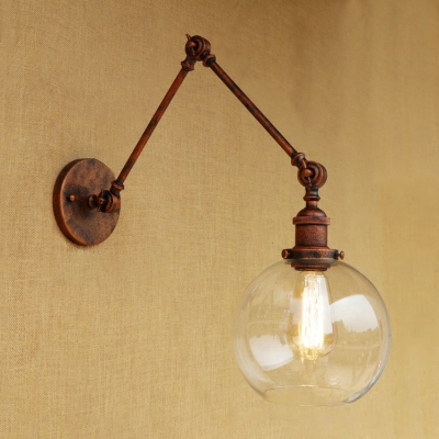 Rust Finish Swing Arm Wall Lamp with Ball Shade Retro Loft Style Clear Glass Wall Light Fixture