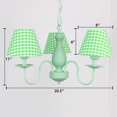 Shaded Chandelier Light with Trellis Pattern Retro Style Fabric 3 Lights Hanging Light in Green Finish