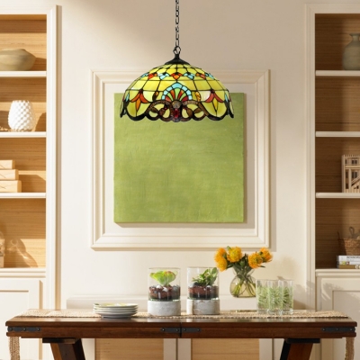 Tiffany Style Baroque 2 Light Hanging Pendant with Dome Glass Shade in Blue/Yellow, 16