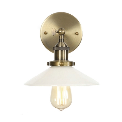 Vintage Railroad Wall Lighting with White Glass Shade Single Light Wall Mount Fixture in Bronze
