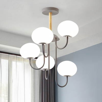 White Glass Oval Chandelier Modern Fashion 5 Bulbs Hanging Light in Gray for Sitting Room