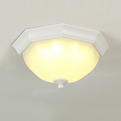 White Octagon LED Ceiling Lamp with Bowl Shade Vintage Ribbed Glass Flush Light for Balcony