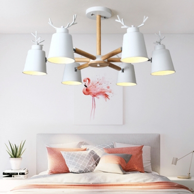 Wooden Branching Hanging Light with Antler Decoration Kindergarten 6 Lights Chandelier Light in White